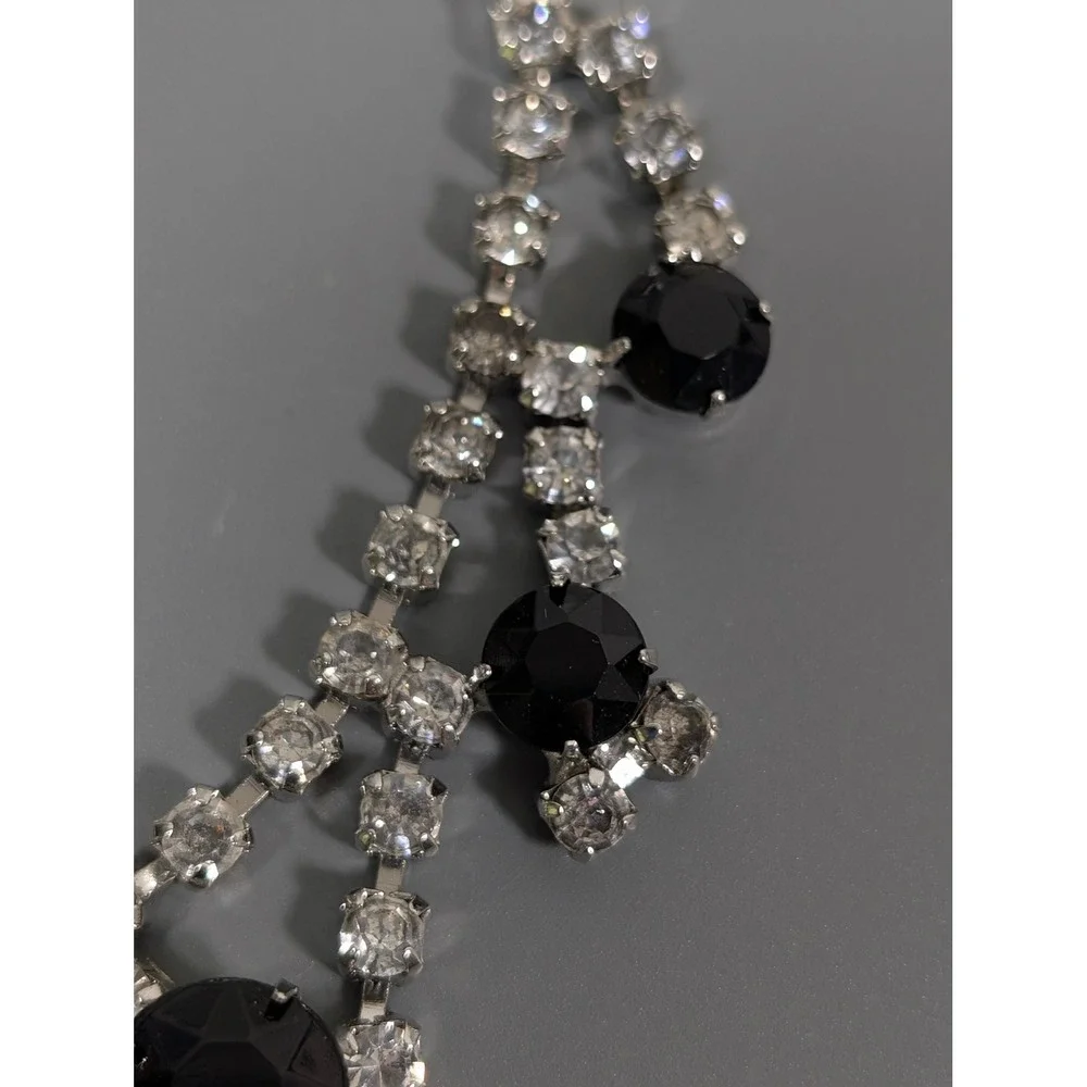 Vintage Black Clear Rhinestone Choker Necklace Silver‎ Tone Bib Statement 15